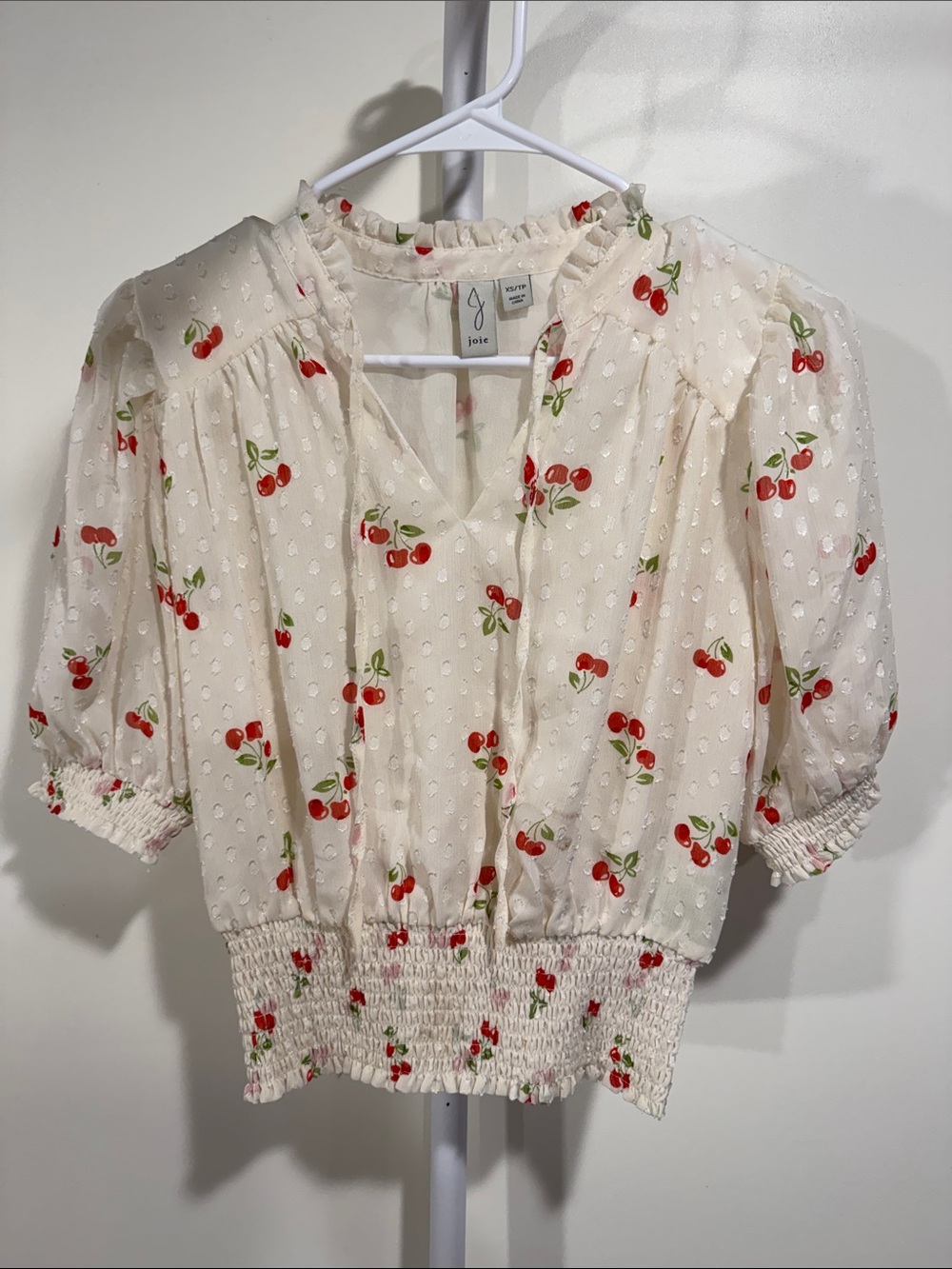 Joie Cream Blouse with Red Cherry Print and Green Leaves